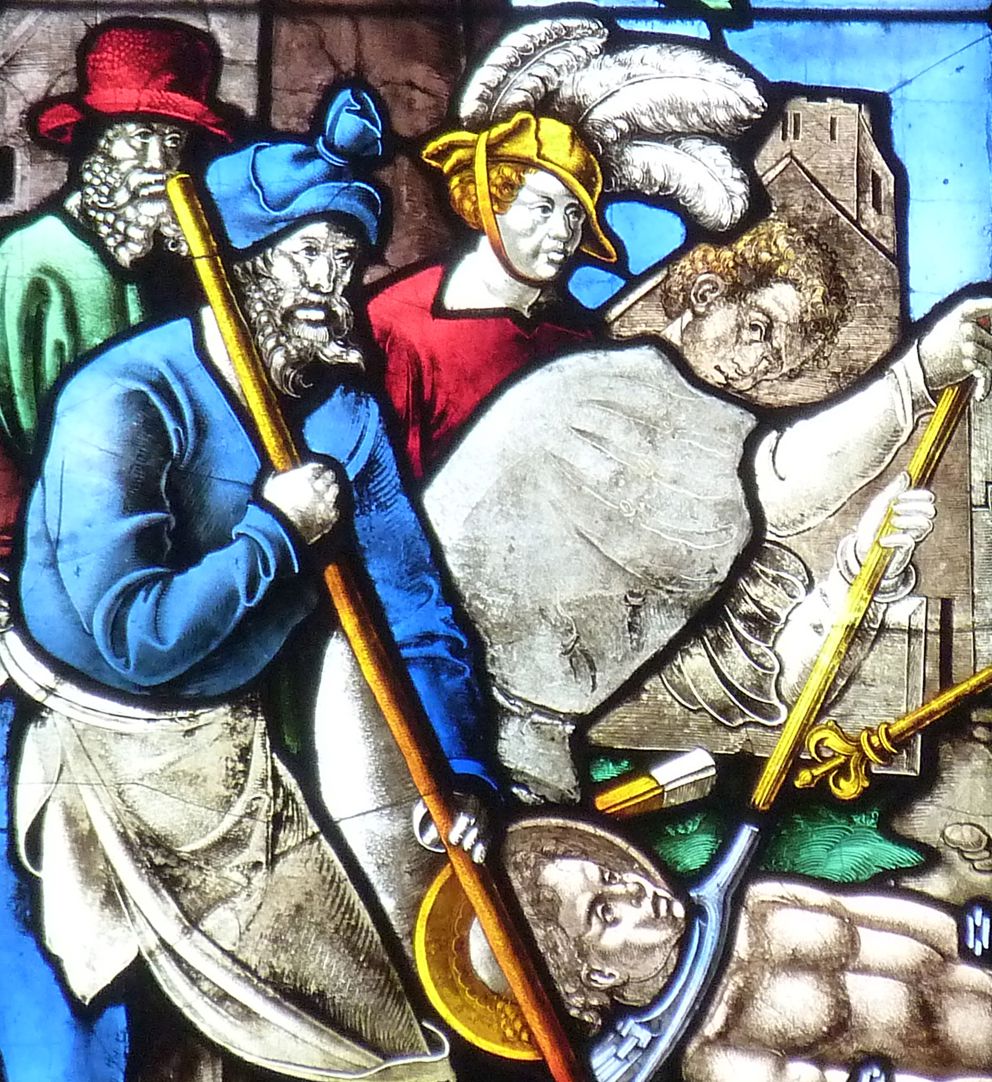 Schmidmayer-Fenster Martyrium, Detail, ein Scherge hält den Kopf des Heiligen am Rost fest.