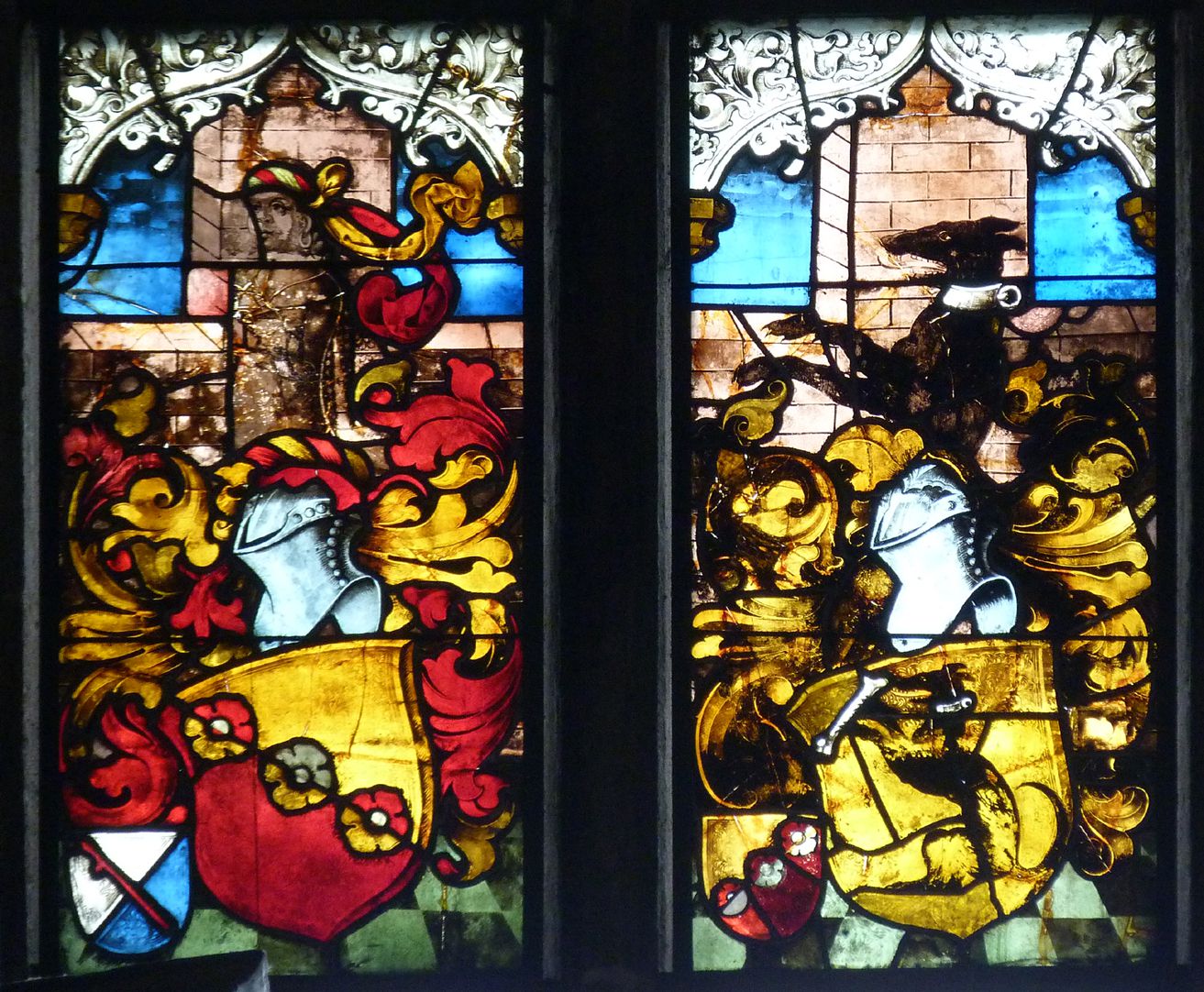 Schmidmayer-Fenster Wappen von Hans II. Schmidmayer mit Beiwappen Franck und von Sebastian Marb mit Beiwappen Schmidmayer (für Ursula, geb. Schmidmayer)