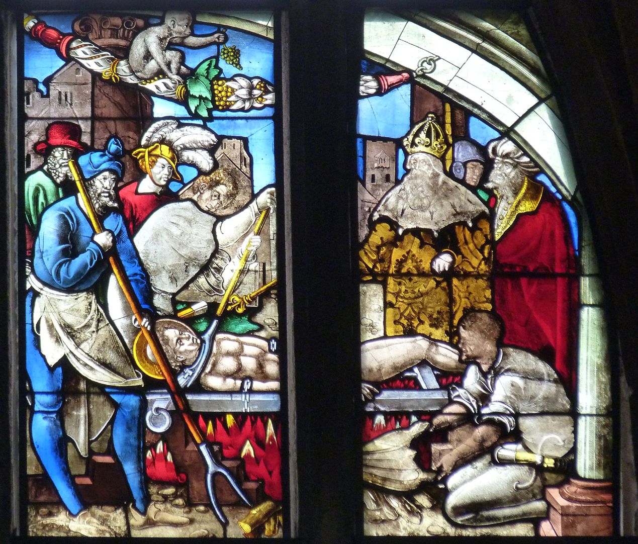 Schmidmayer-Fenster Obere Reihe, fünftes und sechstes Feld: einheitliche Szene des Martyriums des heiligen Lorenz nach einer Zeichnung Dürers ausgeführt (heute in Berlin)