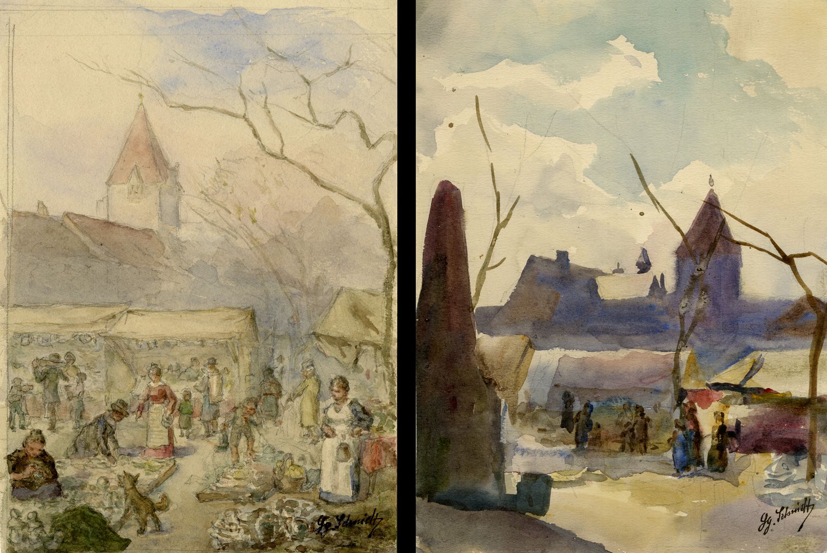 Markt auf der Hinteren Insel Schütt Bildvergleich, rechts: Marktstände auf der Hinteren Insel Schütt / Inventar-Nr. Gr.A. 14460