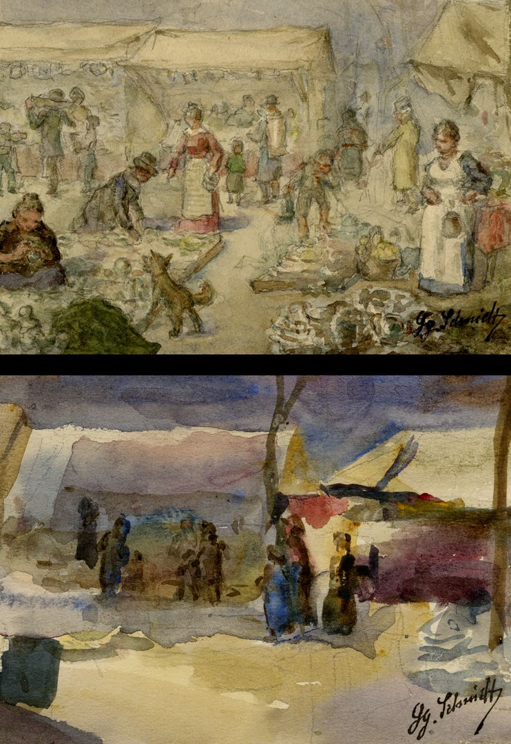 Markt auf der Hinteren Insel Schütt Bildvergleichsbild unten: Marktstände auf der Hinteren Insel Schütt / Inventar-Nr. Gr.A. 14460