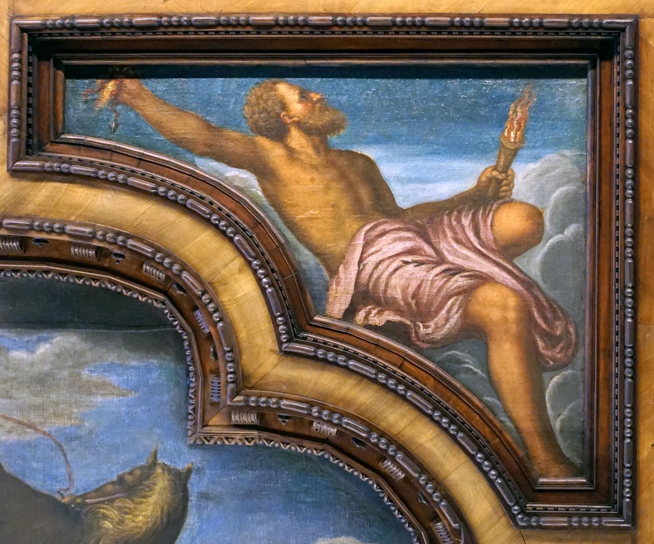 Decke des Schönen Zimmers Feuer (Wohl Prometheus mit Blitzbündel und Fackel, der den Göttern das Feuer stahl und es den Menschen schenkte)