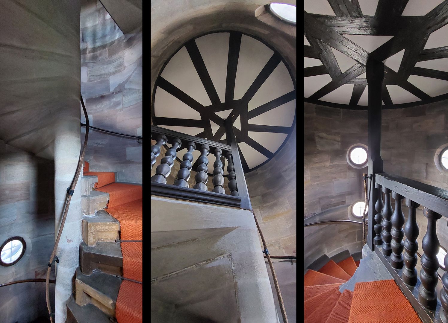 Treppen<p>um 1616</p><p><br></p><p>Innenansichten des Treppenzylinders. <br>Man beachte, dass einzelne Stufen in jeweiliges Spindelteil aus einem Stück sind. <br>Rechts Treppentop mit radialer Balkendecke.<br></p>