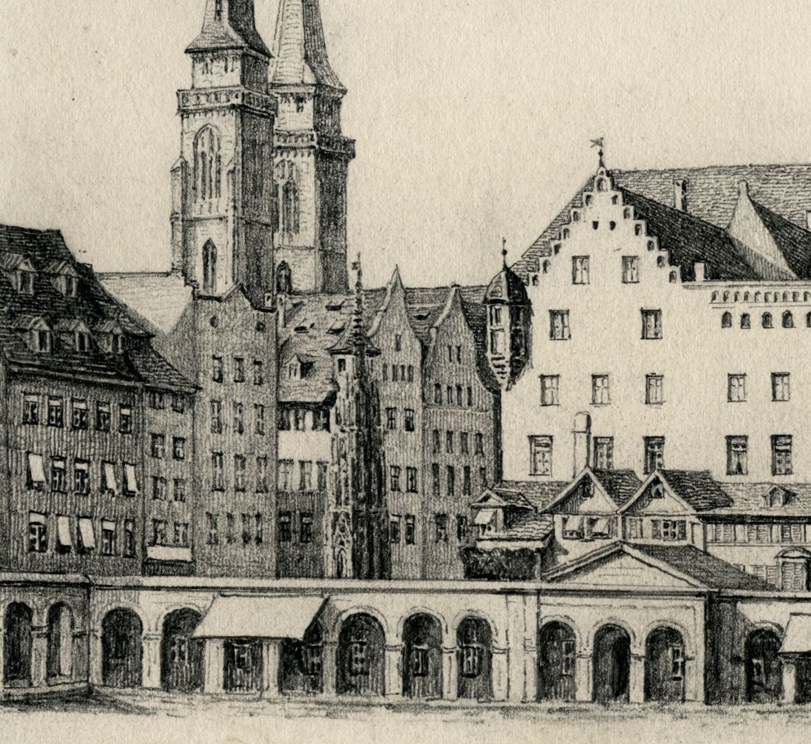 Hauptmarkt mit Kolonnaden und Sebalduskirche Detailansicht