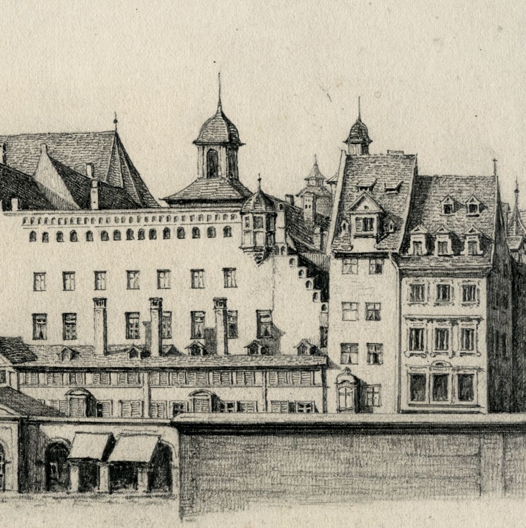 Hauptmarkt mit Kolonnaden und Sebalduskirche Detailansicht