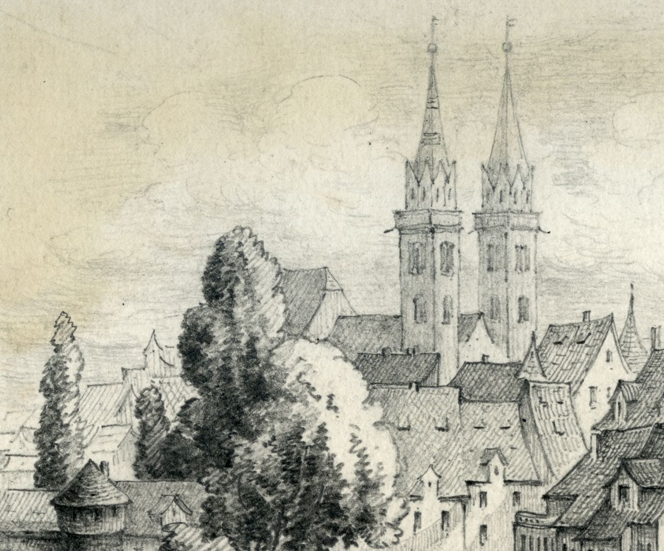 Maxbrücke Detailansicht, im Hintergrund die Türme der Lorenzkirche