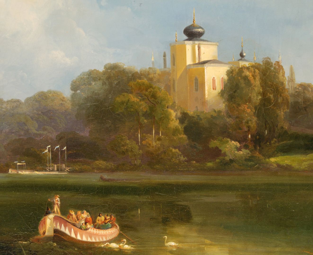 Blick über den Rosenau-Teich auf das Landhaus Alhambra Detailansicht