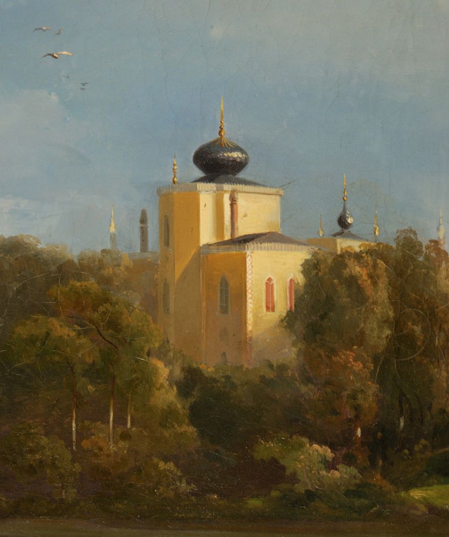 Blick über den Rosenau-Teich auf das Landhaus Alhambra Detailansicht