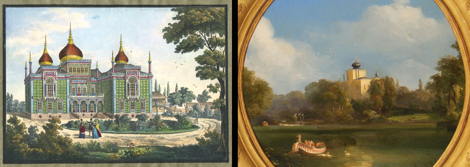 Blick über den Rosenau-Teich auf das Landhaus Alhambra Bildvergleich: links Rosenau, August Kolb 1839-42 / rechts Rosenau von Peter Conrad Schreiber