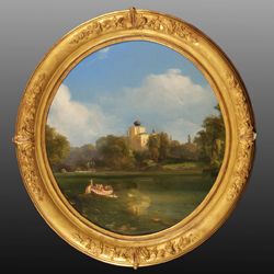 Blick über den Rosenau-Teich auf das Landhaus Alhambra