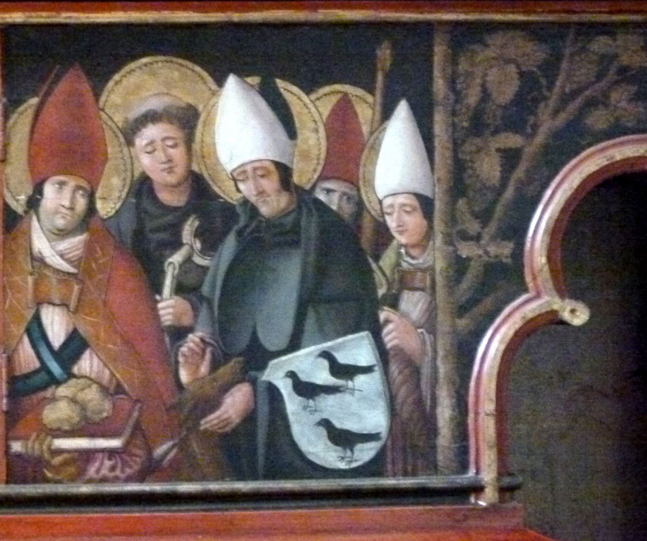 Sebaldus  Altar Predella, Vierergruppe der Nothelfer mit dem Wappen der Margarethe Kammermeister
