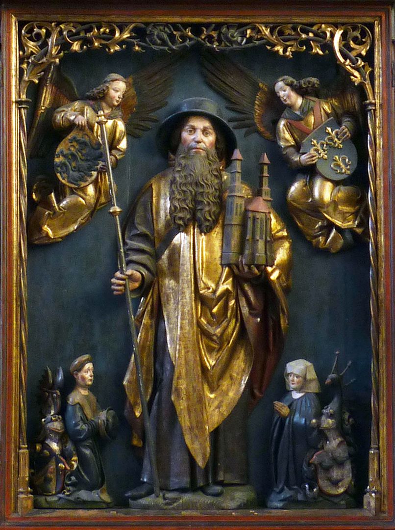 Sebaldus  Altar Schrein mit dem hl. Sebald, zwei Engel mit dem Wappen des Heiligen (rechts Dänemark) und dem Stifterpaar mit Wappen