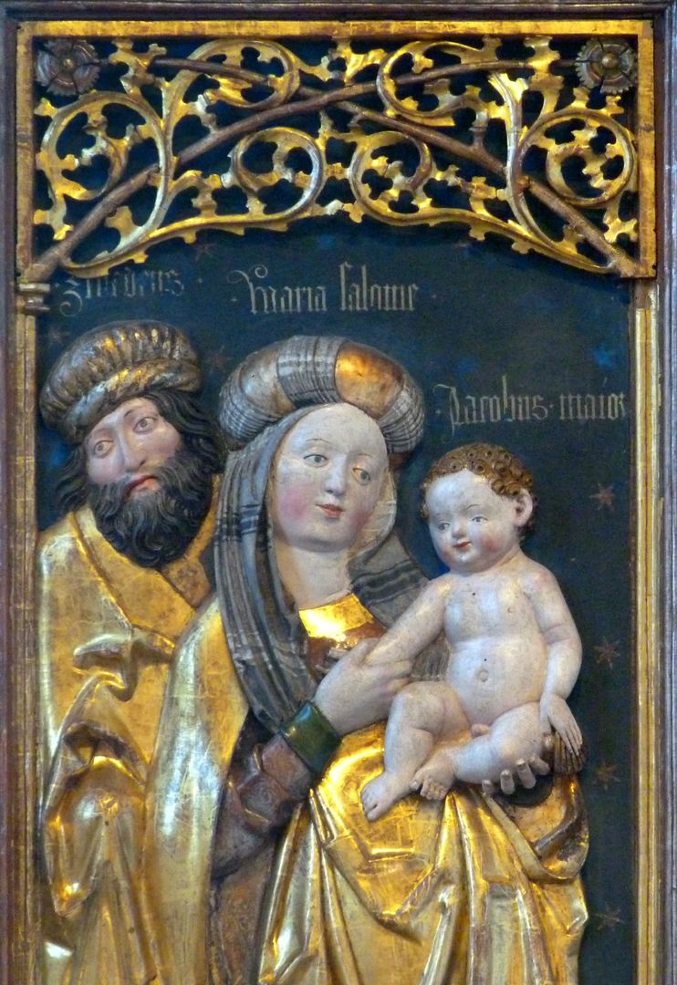 Annen- oder Sippen-Altar linker Schreinflügel, obere Hälfte: Zebedäus, Maria Salome und Jacobus der Ältere
