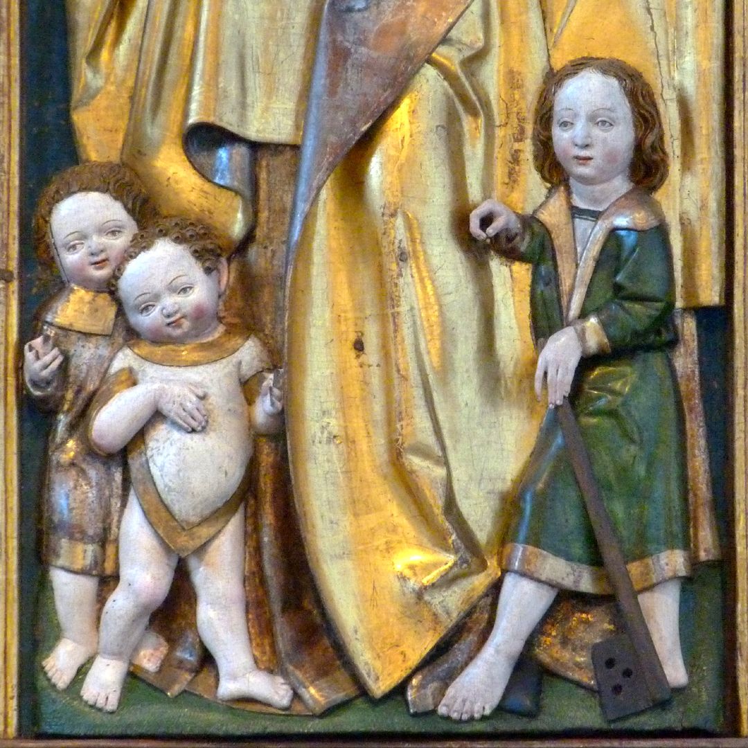 Annen- oder Sippen-Altar rechter Schreinflügel, untere Hälfte: links Simon Zelotes und Judas Thaddäus, rechts Jacobus der Jüngere (mit der Walkerstange als Attribut)