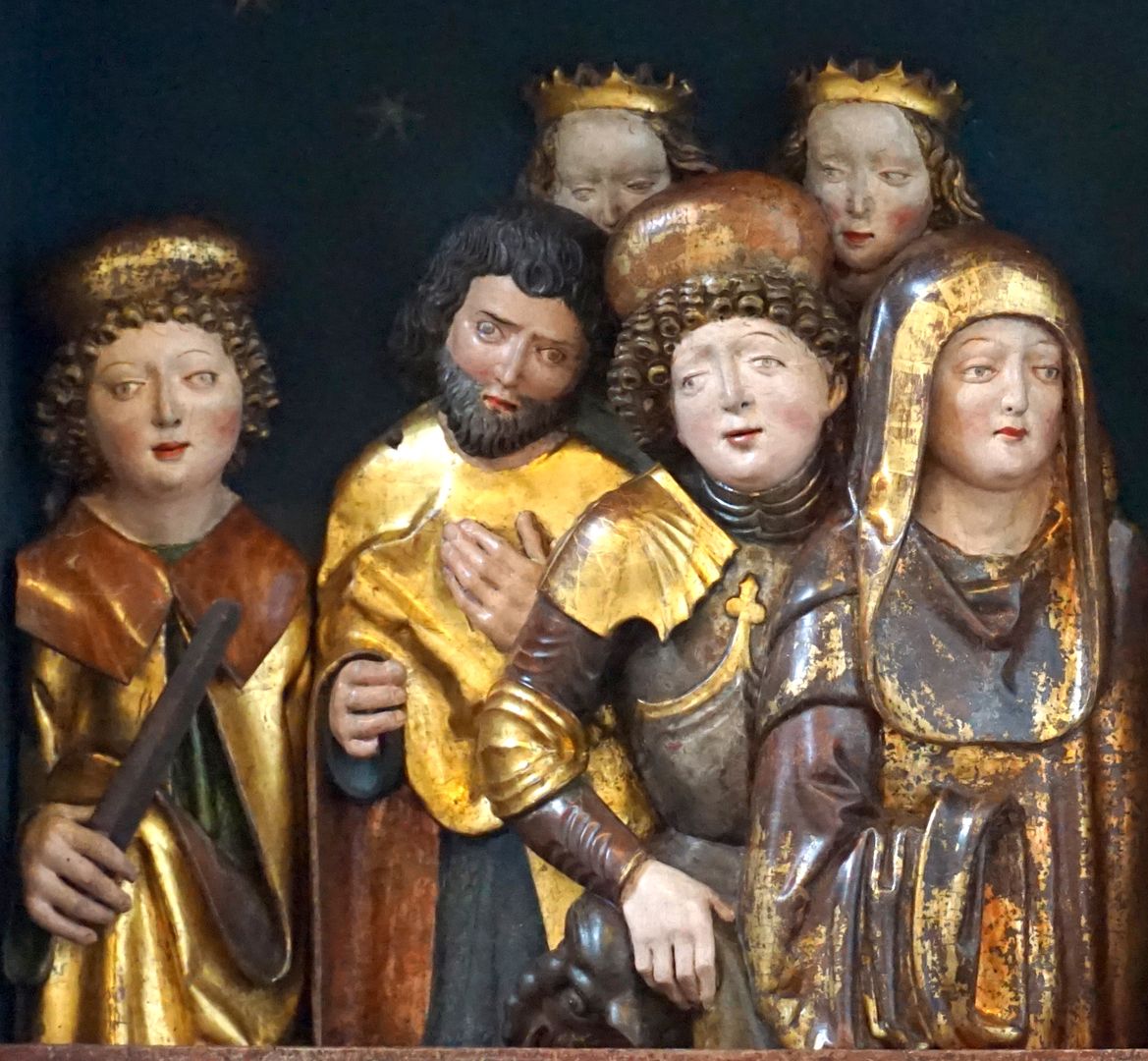 Annen- oder Sippen-Altar Predella, Heiligengruppe im linken Drittel, links der Hl. Dionysius ?, zweiter von rechts Hl. Georg mit Drachen