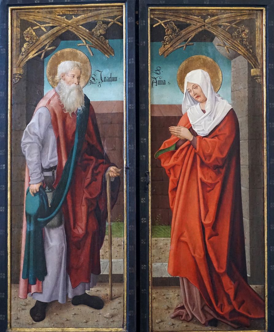 Annen- oder Sippen-Altar Geschlossene Schreinflügel mit Joachim und Anna an der goldenen Pforte