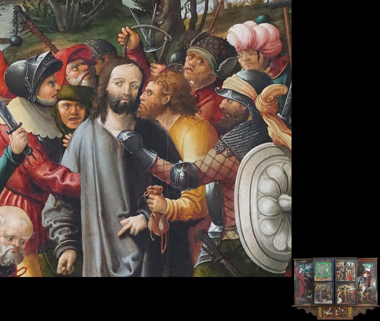 Hochaltar / Schwabach / zweite Wandlung Judas verrät Jesus im Garten Gethsemane und Festnahme, Detail mit Judaskuss