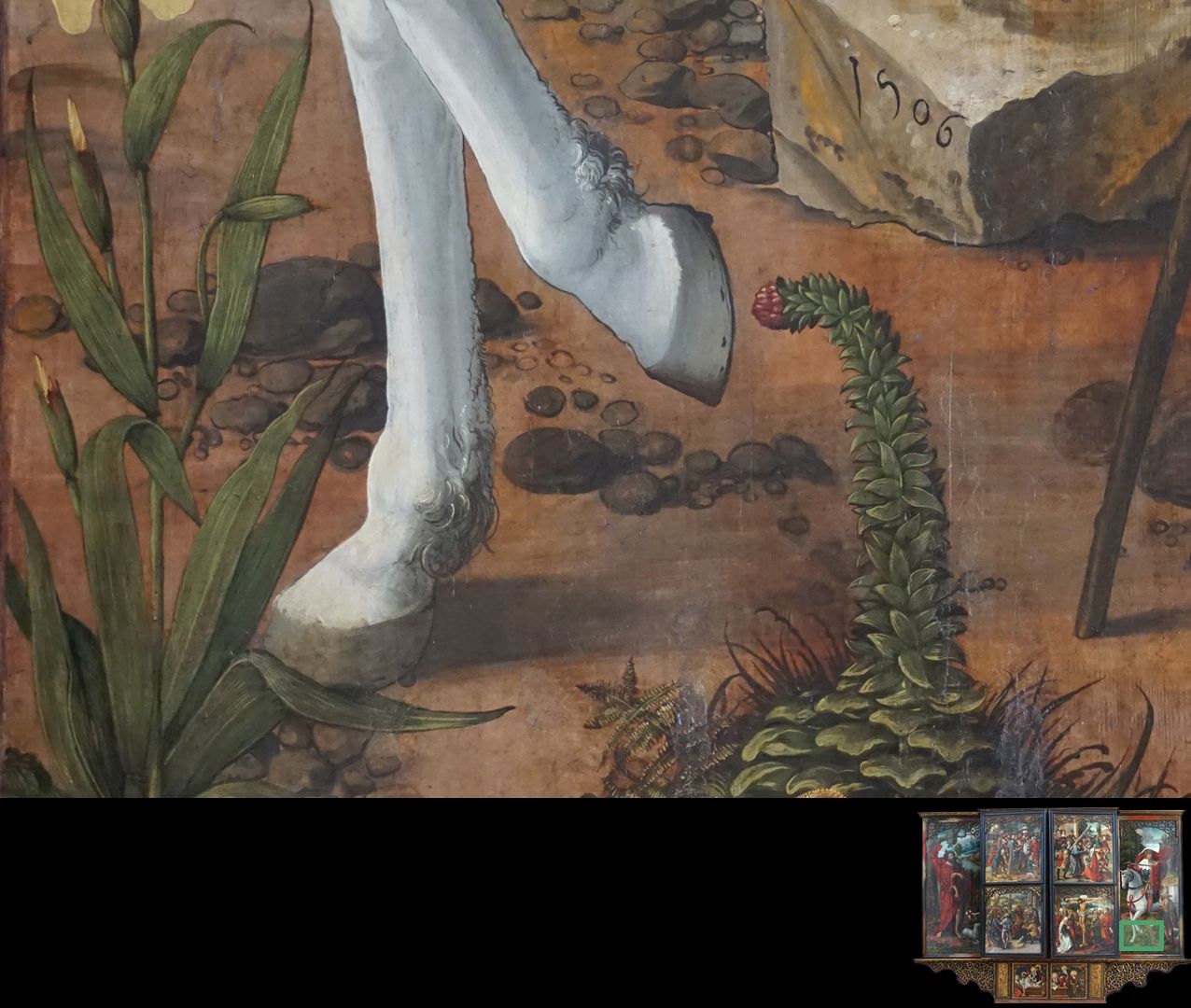 Hochaltar / Schwabach / zweite Wandlung Sankt Martin und der Bettler, Detail mit Datierung 1506