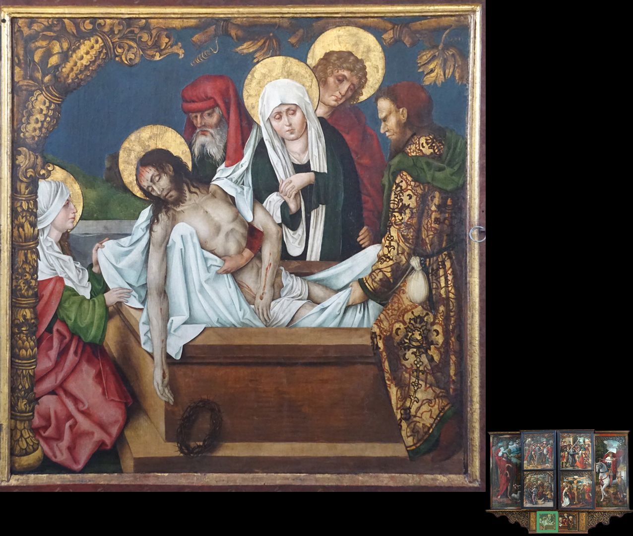 Hochaltar / Schwabach / zweite Wandlung Grablegung Christi / linker Flügel: Joseph von Arimathäa hält den toten Christus an der Schulter, Johannes im Hintergrund