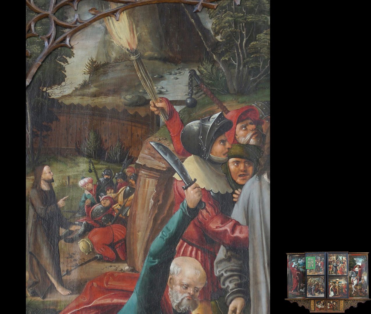 Hochaltar / Schwabach / zweite Wandlung Detail oben links / Johannes 18,6 : Als er zu ihnen sagte: Ich bin es!, wichen sie zurück und stürzten zu Boden.