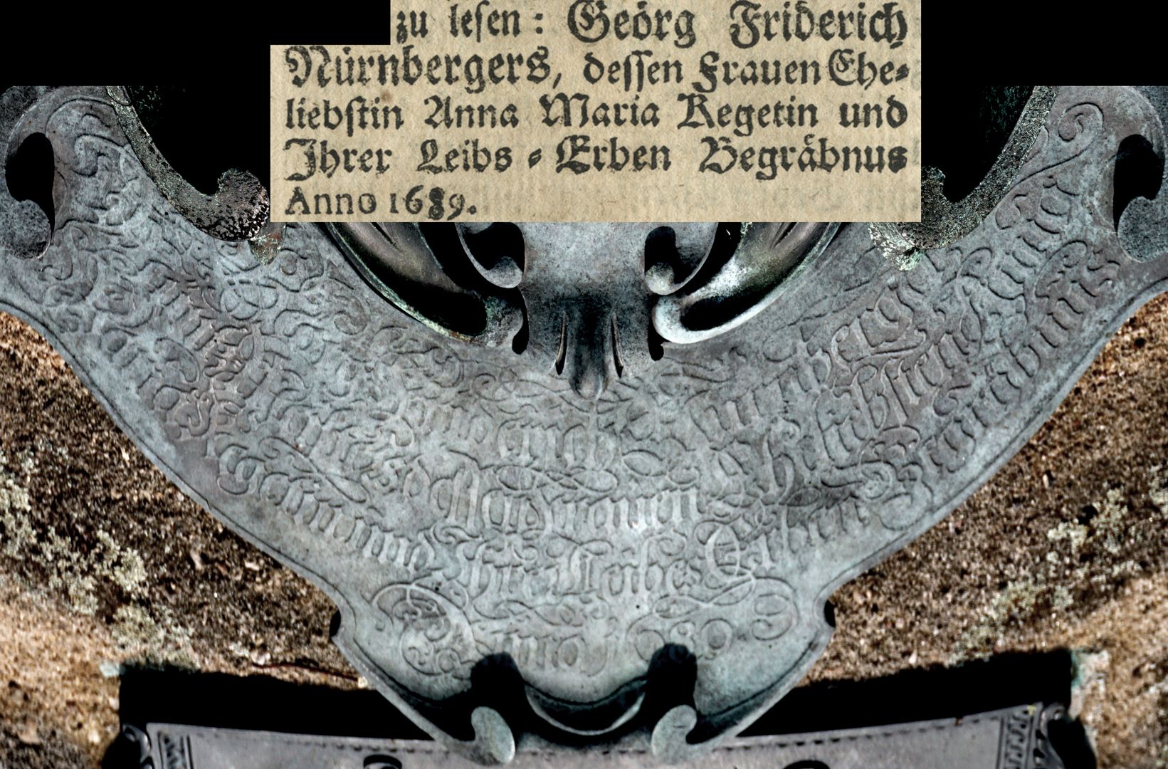 Epitaph des Georg Friederich Nürnberger "Unter dem Wappen gibt ein fliegender breiter Zettel zu lesen":