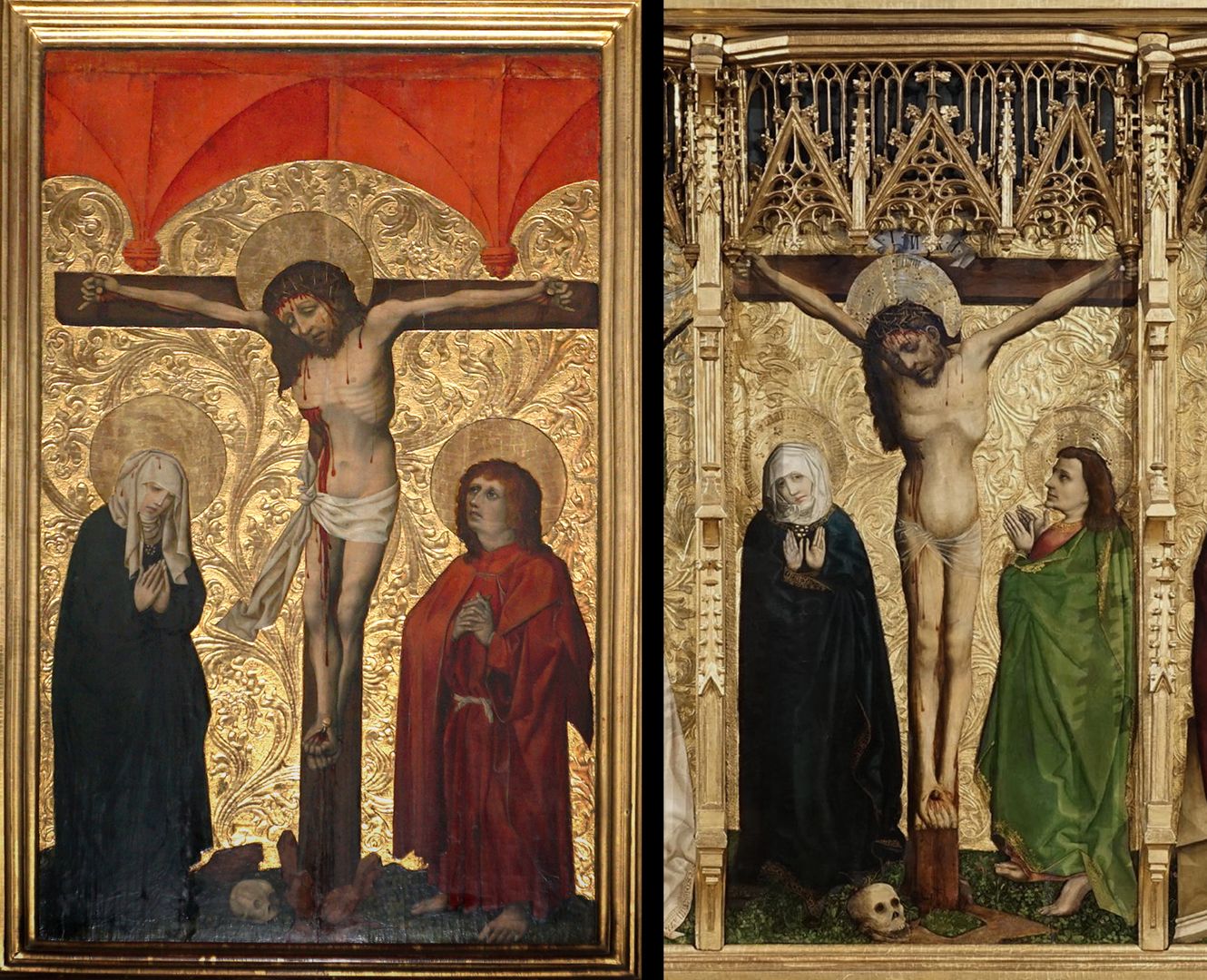 Halleraltar Bildvergleich der beiden Altäre des Meisters: links Detailansicht aus dem Altar in der Sebalduskirche (bald nach 1440) / rechts Detailansicht aus dem Hauptaltar der Frauenkirche (um 1445 / 50), (Abbildungen sind nicht maßstabsgetreu)