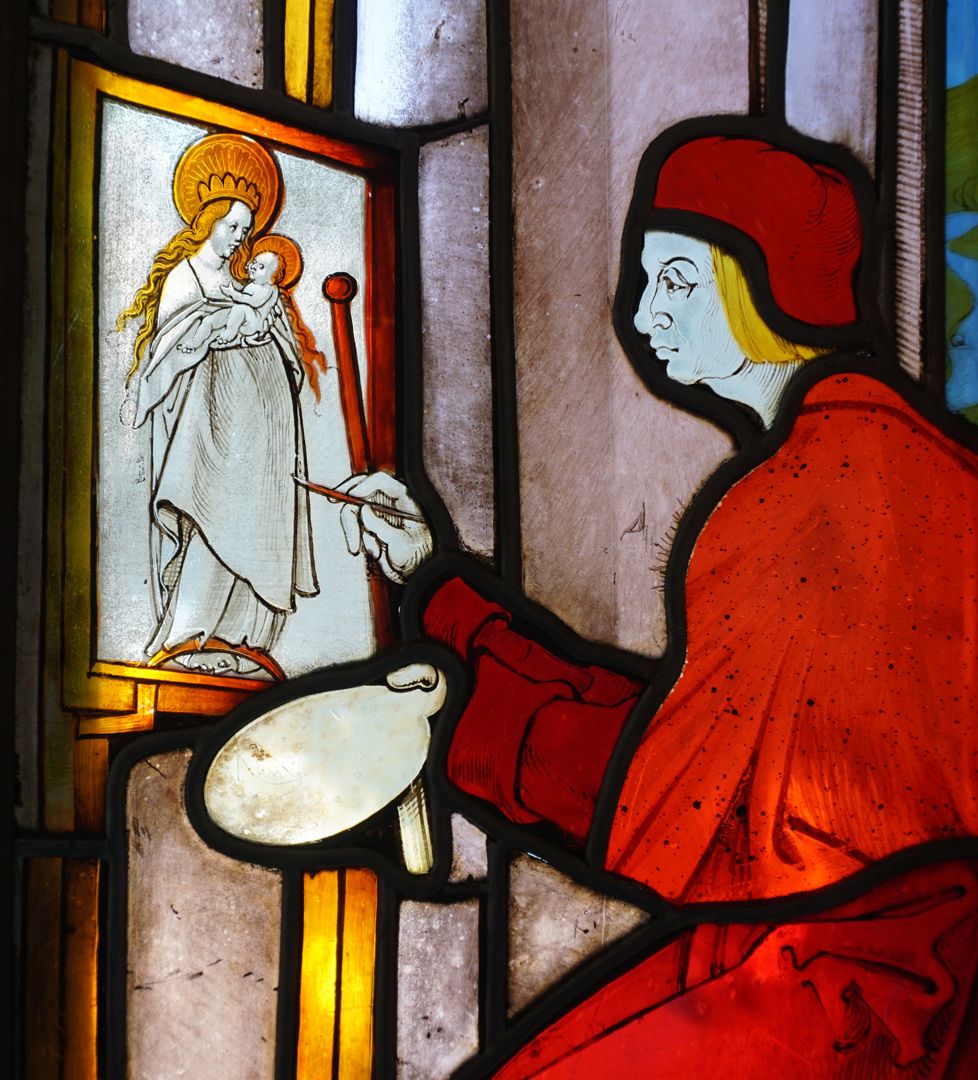 Fenster I 2 des Sebalder Chörleins / Pfinzingfenster Lukas der die Madonna im Bild verewigt, Detailansicht