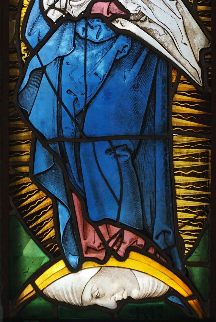 Fenster I 2 des Sebalder Chörleins / Pfinzingfenster Mutter Gottes mit dem Kinde, untere Bildhälfte mit Datierung