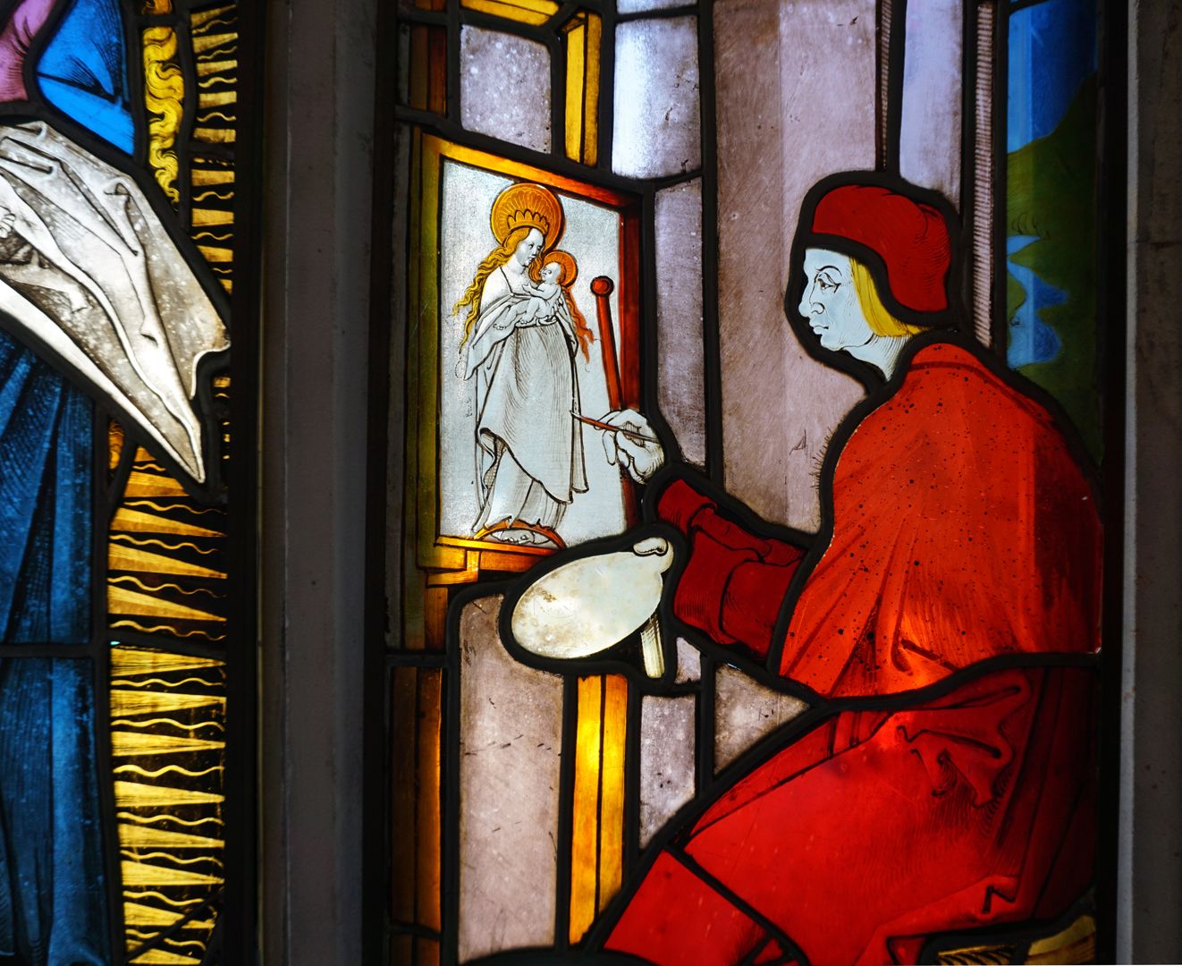 Fenster I 2 des Sebalder Chörleins / Pfinzingfenster Lukas der die Madonna im Bild verewigt, Detailansicht