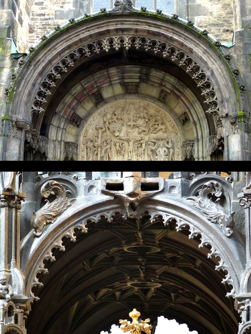 Sebaldusgrab Die hängenden, gotischen Maßwerkfriese der Halbrundbögen im Sebaldusgrab (Foto unten) entstammen den Parlern (Teynkirche zu Prag 2.H. 14. Jh. Foto oben. Eine Zwischenstufe zeigt der Michaelschor der Nürnberger Frauenkirche).