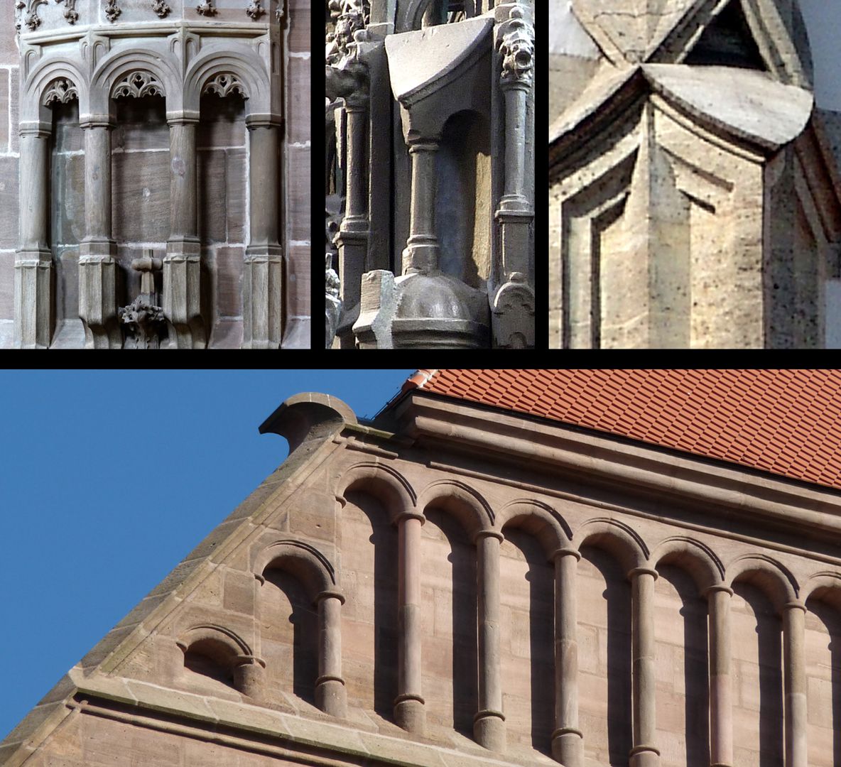 Sebaldusgrab Rundsäulchen mit kleinen Rundbögen erscheinen gleichzeitig um 1517 am Sebaldusgrab (Foto M.) und an der Lorenzkirche (Foto unten). Der zungenförmige Wasserschlag (Foto M.) ist auch gotisch (Foto r.o.: Sankt Ulrich Augsburg um 1500).