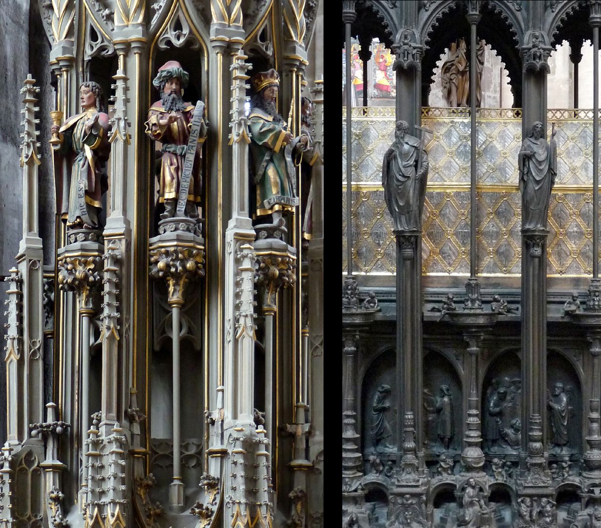 Sebaldusgrab Die Vertikalgliederung des Sebaldusgrabs (Foto rechts) ist als solche gotisch und vergleichbar mit vielen früheren Beispielen wie das Sakramentshaus von Sankt Georg in Dinkelsbühl von 1480, (Foto links).