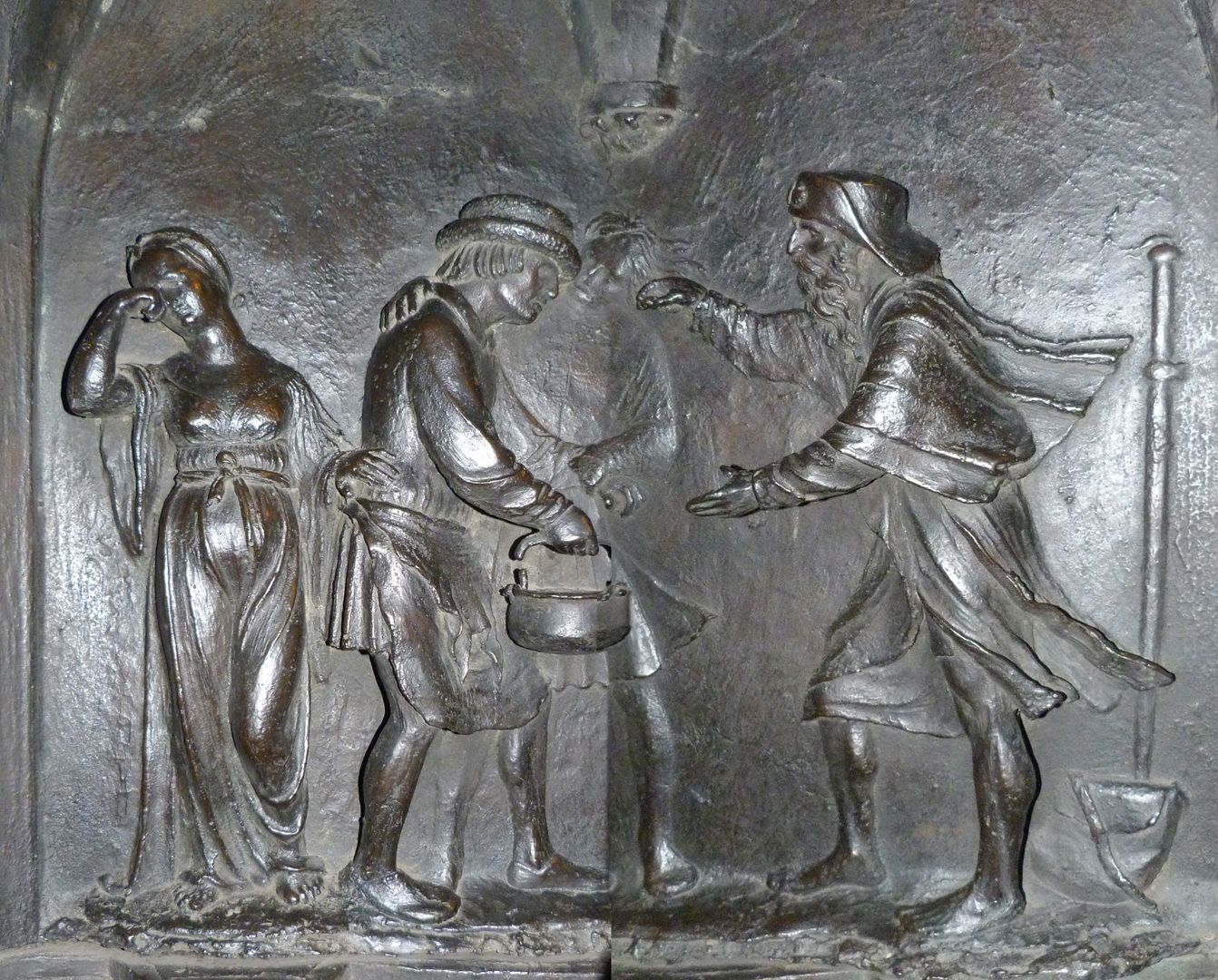 Sebaldusgrab (Nordseite) Sebalduslegende, Relief mit der Heilung des Blinden (zwei zusammengesetzte Fotos)