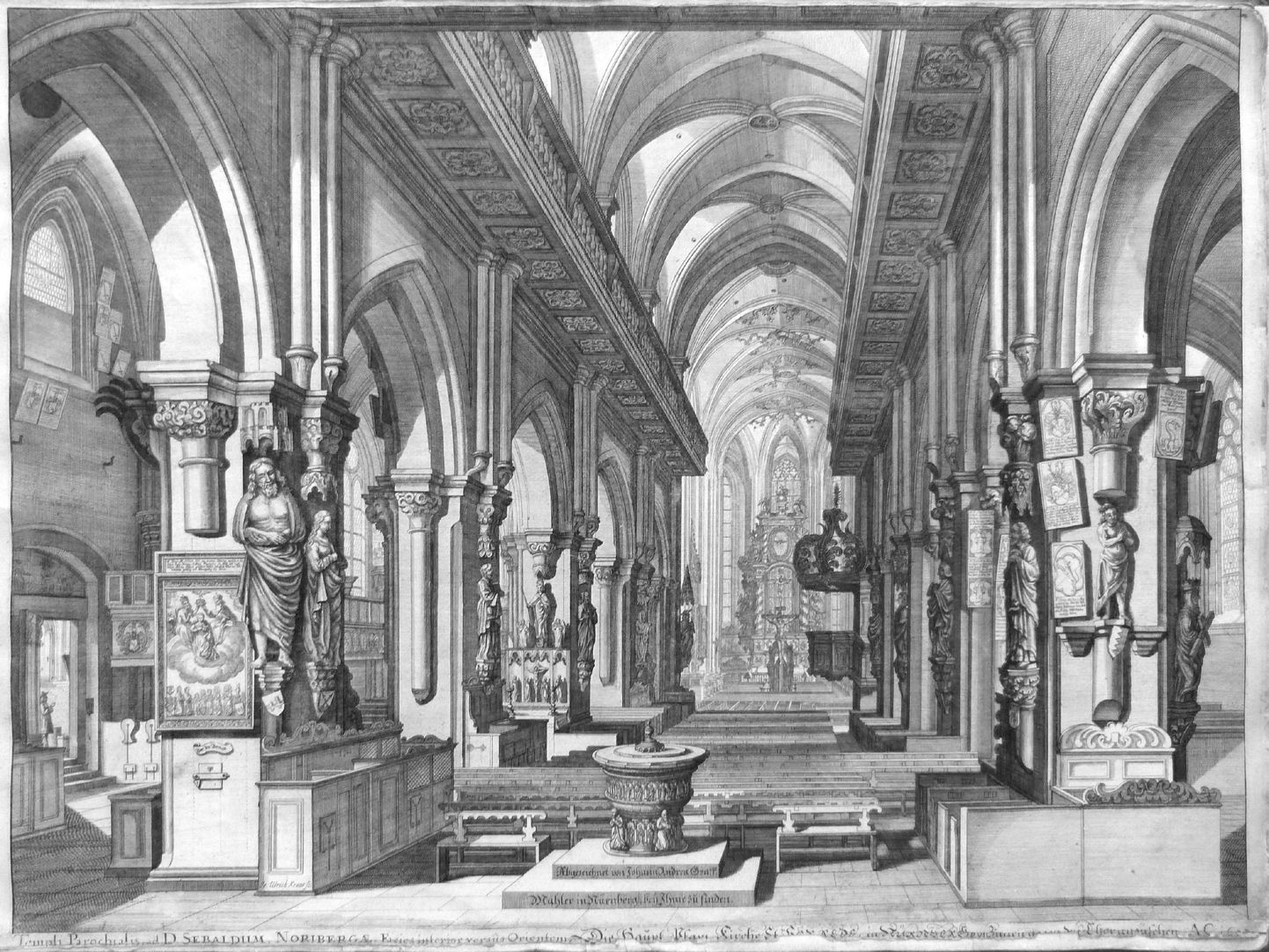 „Urbis Norimbergensis Insigniorum Templorum …“ St. Sebald Inneres nach Ost mit den barocken Holzemporen