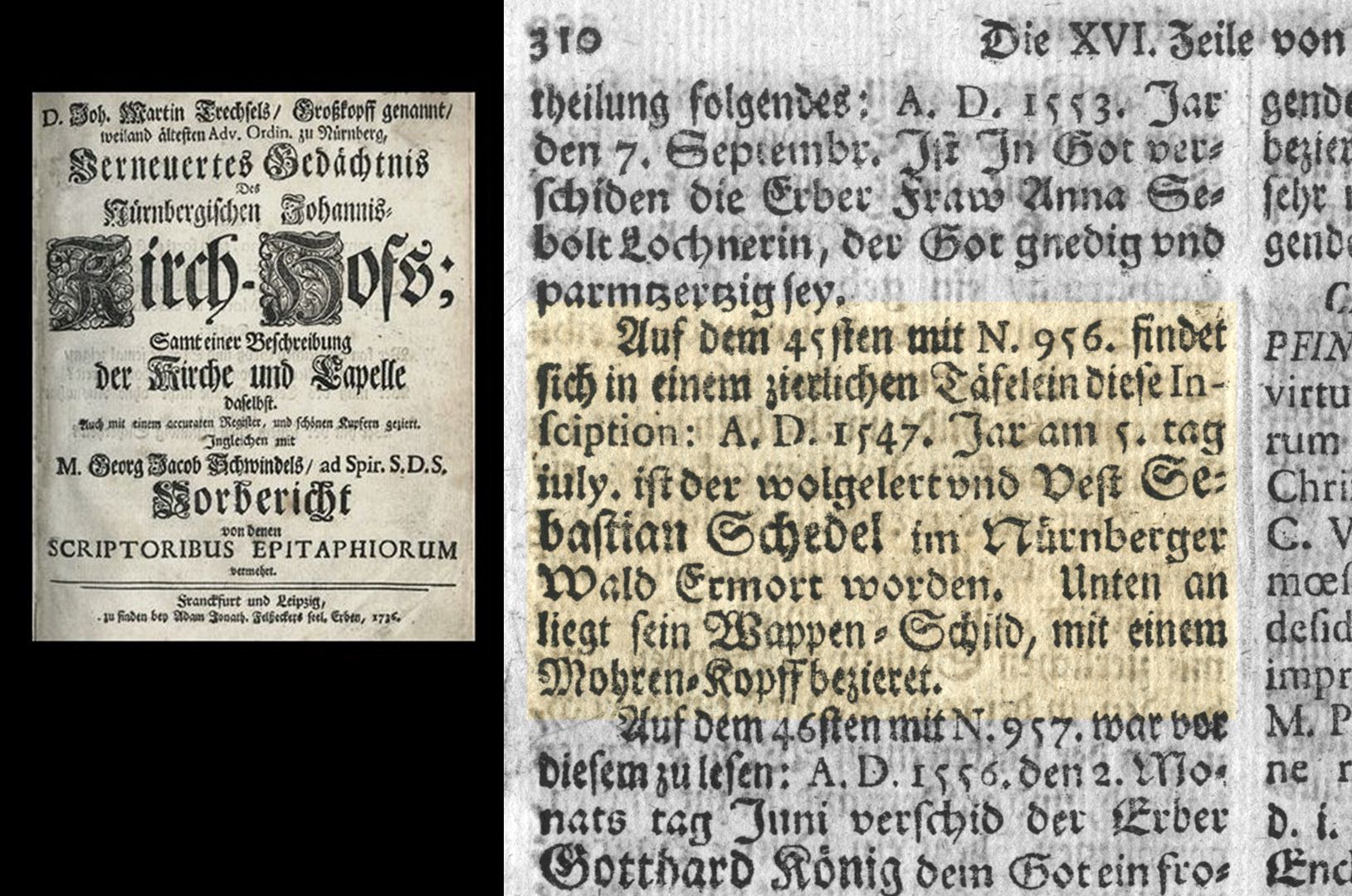 Epitaph des Sebastian Schedel Auszug aus Joh. Martin Trechsel, Großkopf genannt: "Verneuertes Gedächtnis des nürnbergischen Johannis Kirch Hof ..." , Franckf. & Leipzig 1735