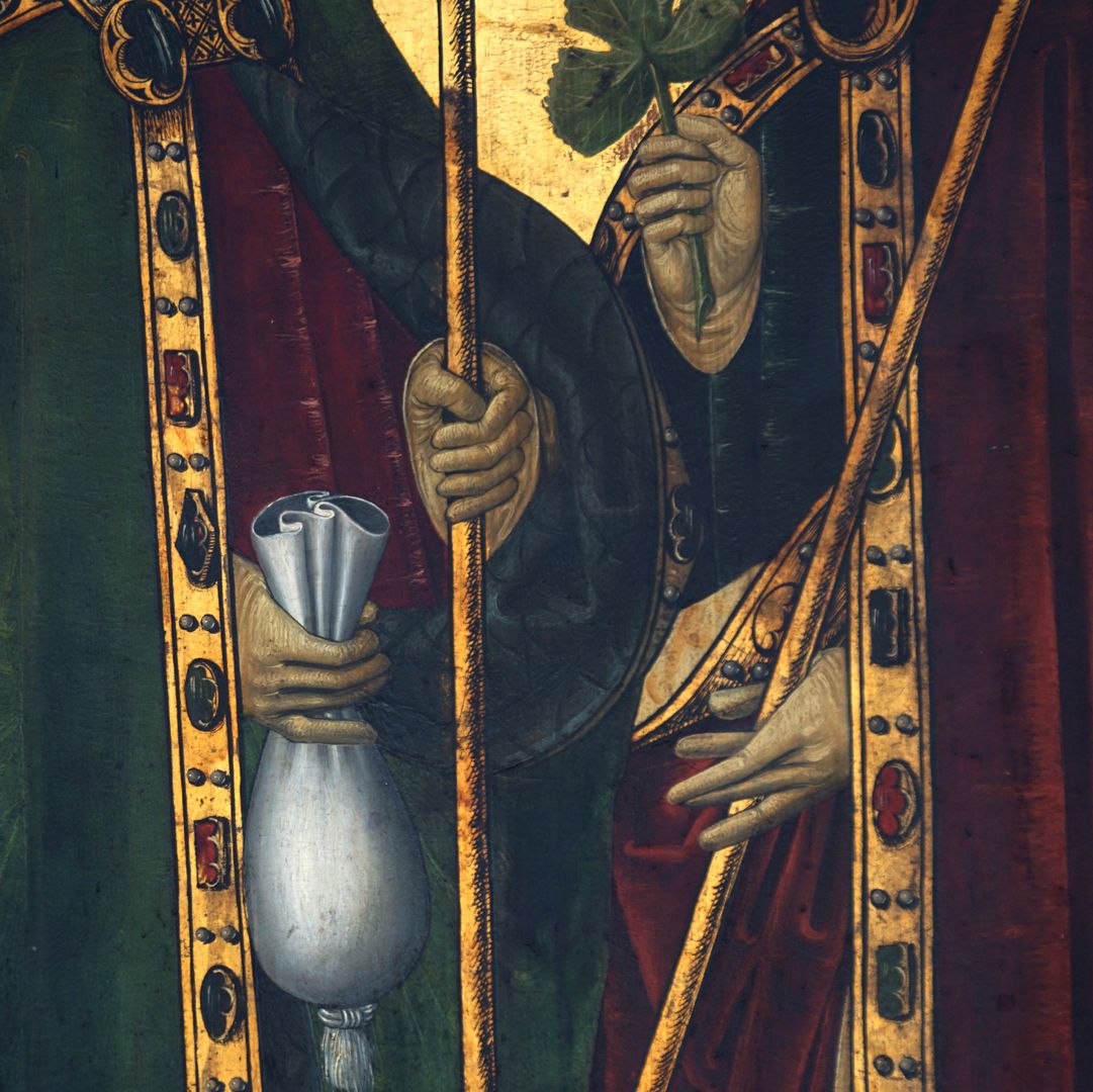 Sebastian-Altar linker Schreinflügel, Papst Sixtus (Attribut=Geldbeutel) und Bischof Urban, Detail