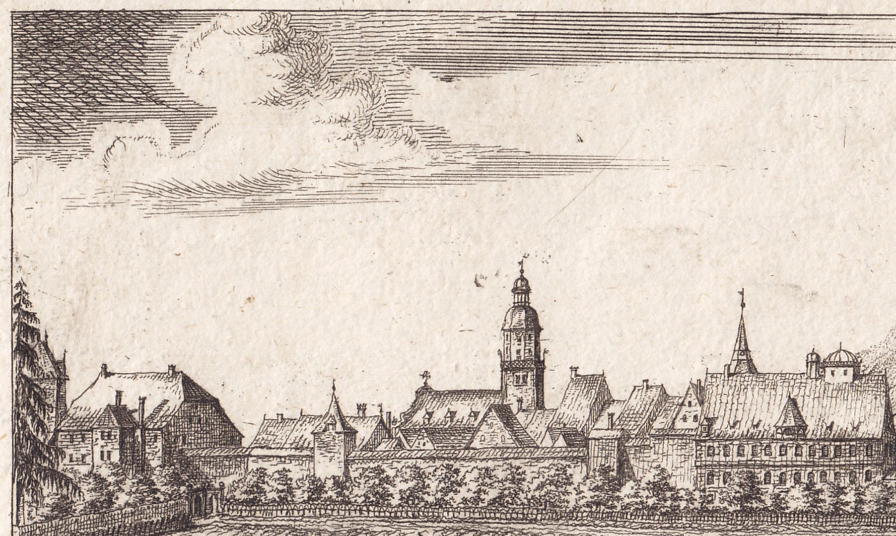Altdorf Detailansicht mit Stadtpanorama, links das Schloss, in der mitte Kirche St. Laurentius und rechts das Universitätsgebäude