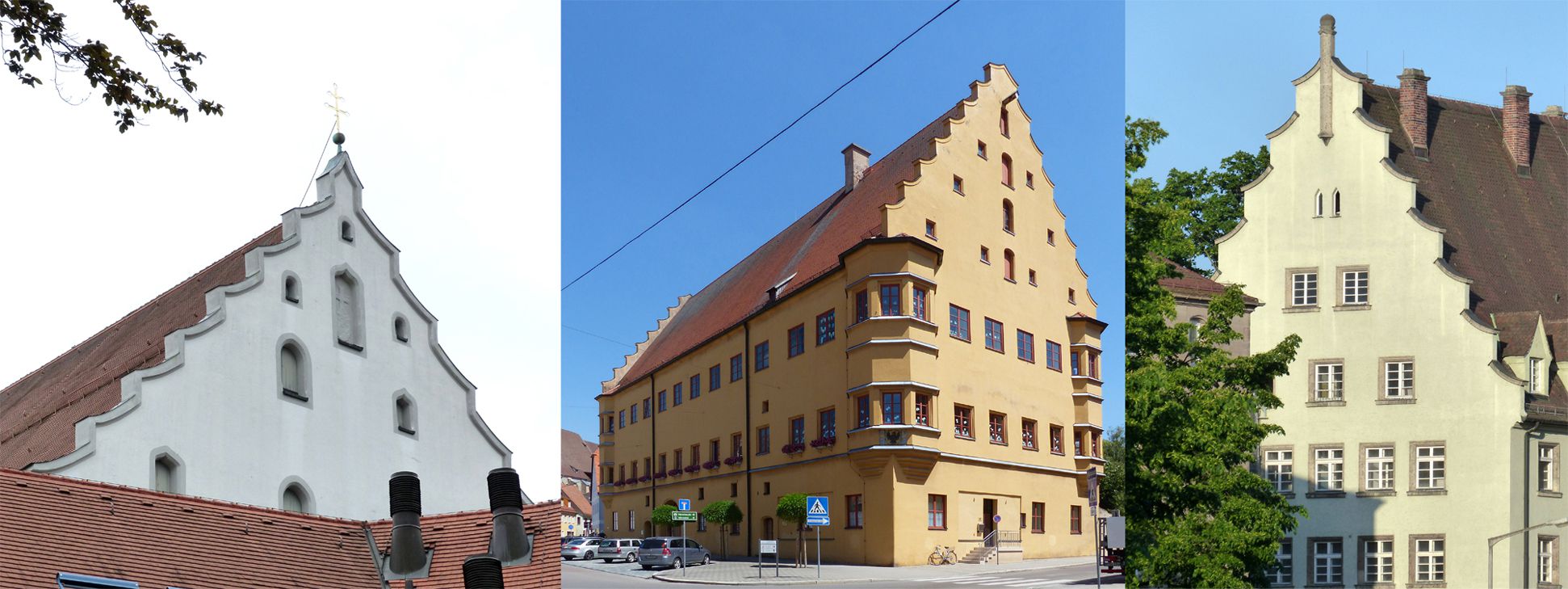 Selbstanschlussamt Giebelgenealogie, von l. nach r.: Augsburg, kath. Heilig-Kreuz-Kirche (1502-1508), Nördlingen Hallhaus (1541-1544), Nürnberg Selbstanschlussamt