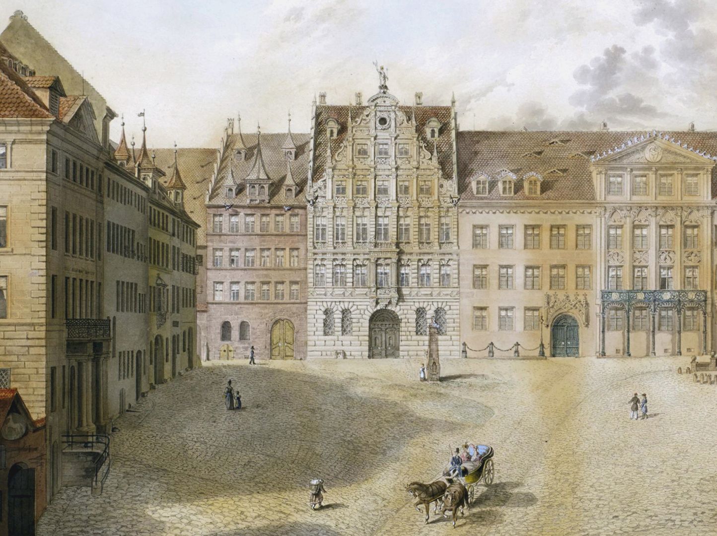 Egidienplatz Schwarzes Pellerhaus oben links, Pellerhaus oben Mitte, das von Karl Alexander Heideloff 1828 umgestaltete ehemalige Imhoffsche Anwesen oben rechts