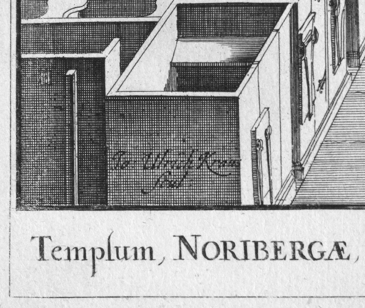 „Urbis Norimbergensis Insigniorum Templorum …“ Spitalkirche linke untere Bildecke, scul(psit): "er hat es geschnitzt (gestochen)"