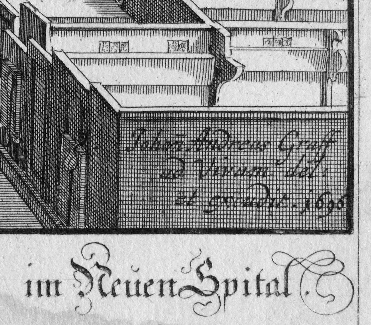 „Urbis Norimbergensis Insigniorum Templorum …“ Spitalkirche rechte untere Bildecke, excudit: " hat (es) verfertigt"