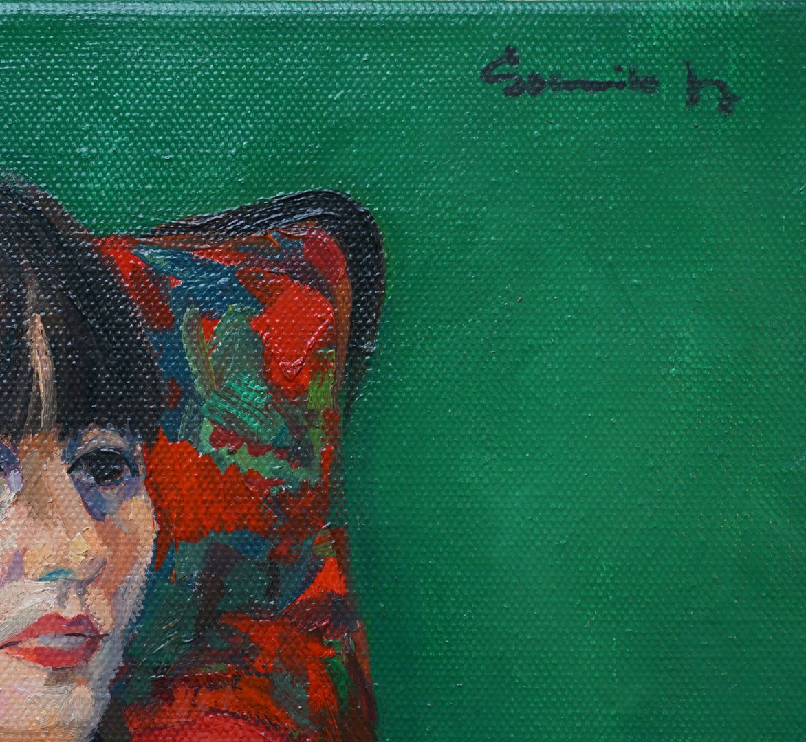 Portrait einer Frau rechte obere Bildecke mit Künstlersignatur