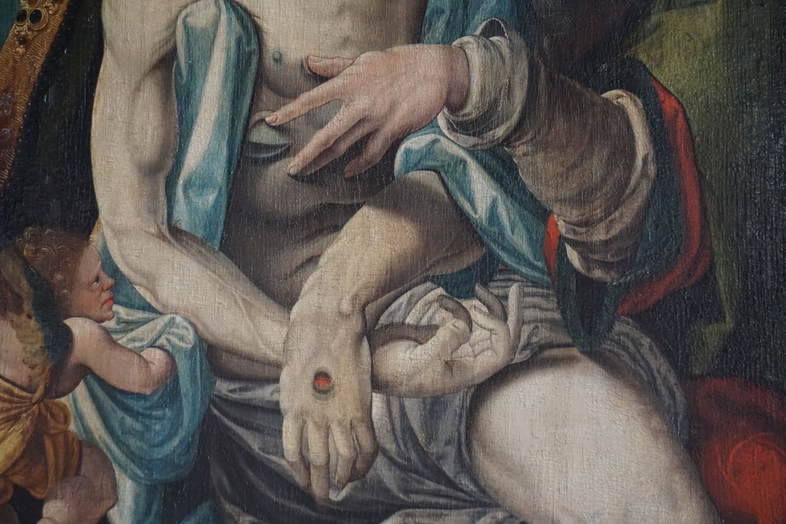 Dürersche Stiftungstafel Arme und Hände des totenbleichen Christus mit der linken Hand Gottvaters