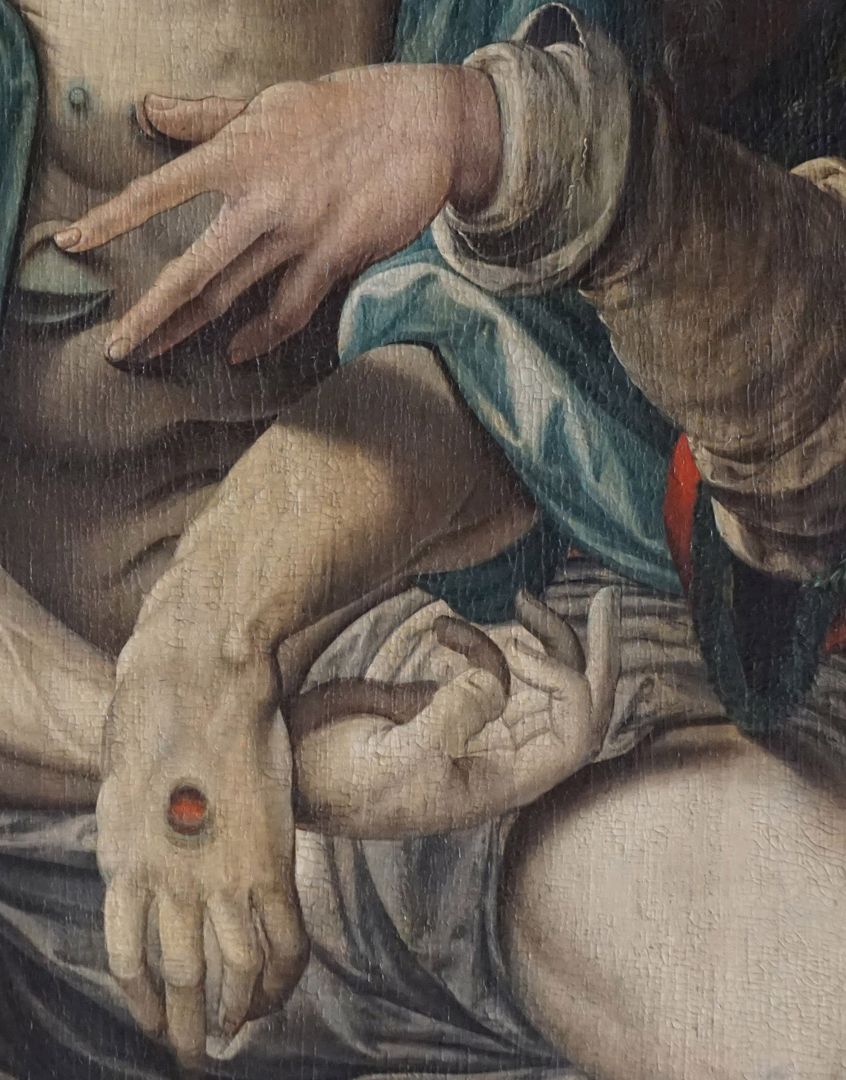 Dürersche Stiftungstafel Die linke Hand Gottvaters zeigt die Wunde Christi