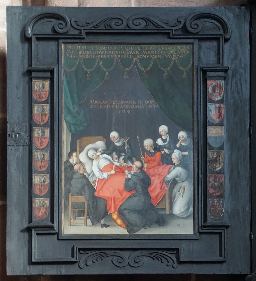 Dürersche Stiftungstafel Die Innenseite der Klapptafel stellt den 1504 erfolgten Tod der Creszentia Pirckheimer dar, Frau des berühmten Humanisten.
