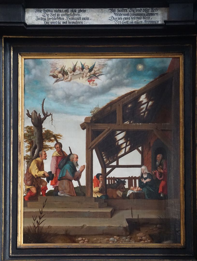 Dürersche Stiftungstafel Anbetung des Christuskindes durch die Hirten und obere Inschrift