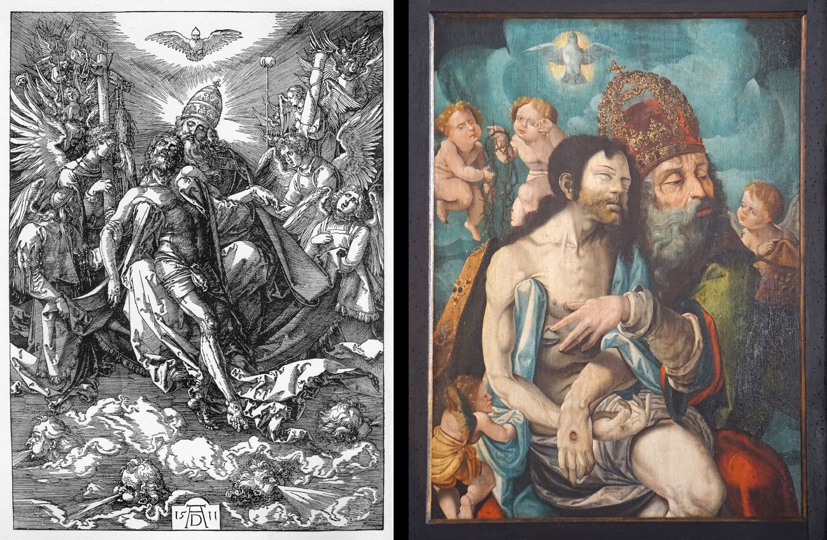 Dürersche Stiftungstafel „Gnadenstuhl“, der letztlich auf den gleichlautenden Holzschnitt Dürers von 1511 zurückgehen soll, ihn frei paraphrasierend.