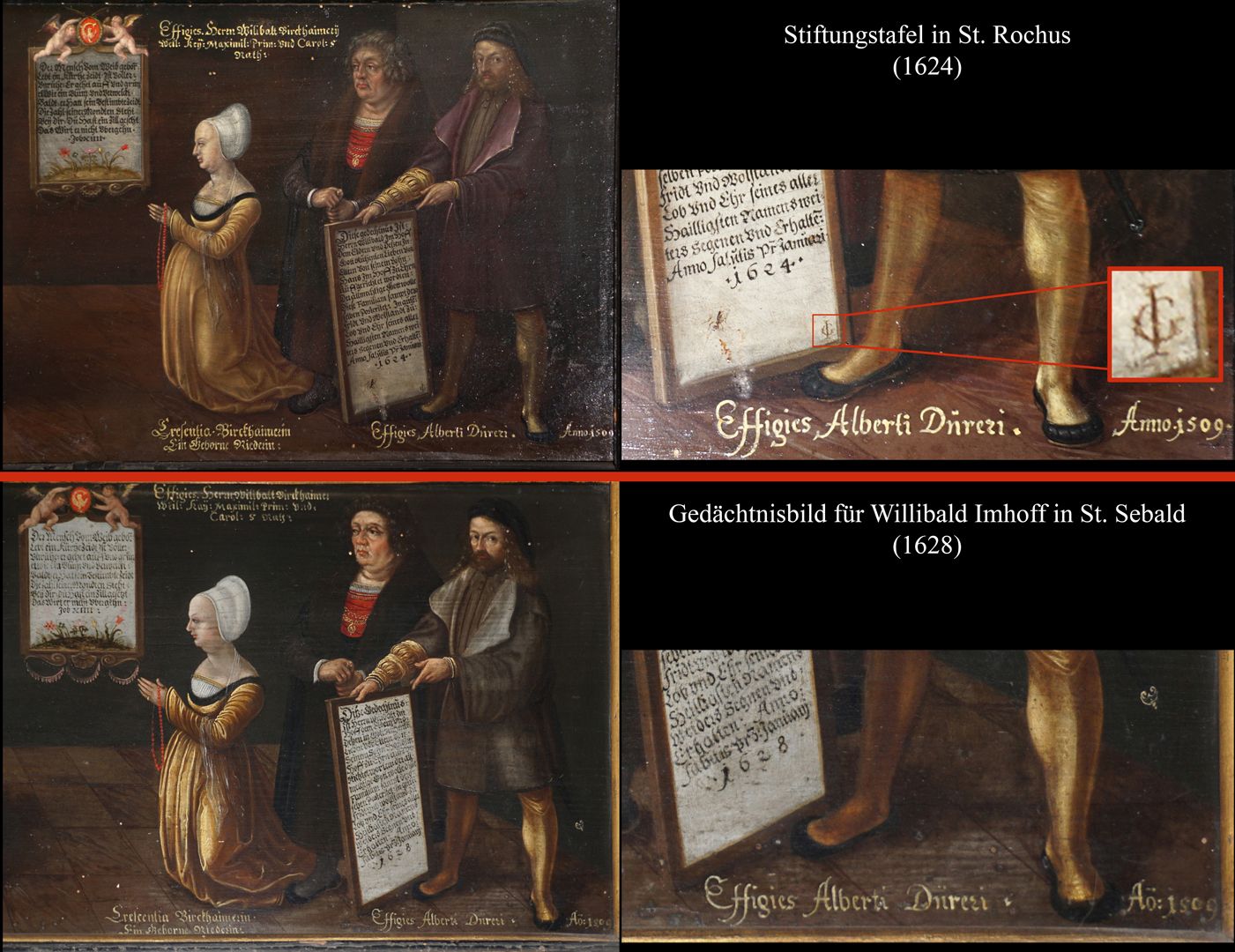 Dürersche Stiftungstafel Bildvergleich mit Gedächtnistafel für Willibald Imhoff in St. Sebald / Detail mit Künstlersignatur J.G. = Joerg (Georg) Gärtner