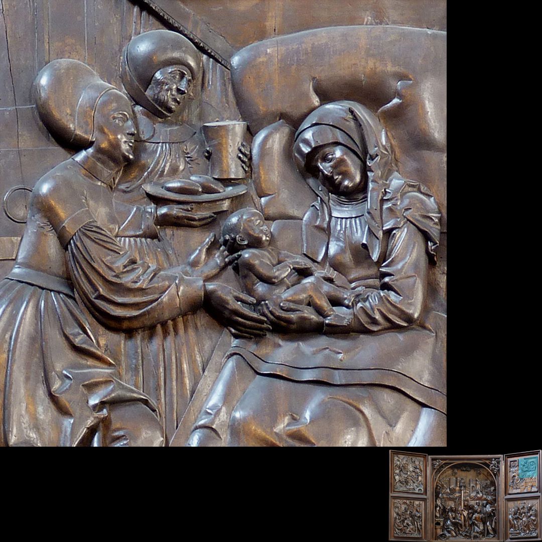 Marien-Altar rechter Flügel oben mit Relief der Geburt Mariä, Detail