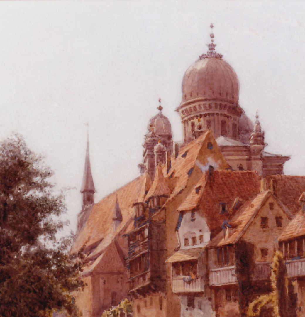 Pegnitzpartie an der Insel Schütt mit Synagoge Detailansicht